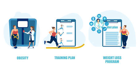 Obesity overweight training plan, weight loss program concept. Vector of a young woman following doctor advice to lose weightのイラスト素材