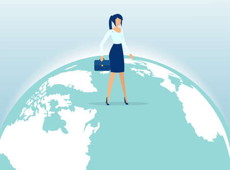 Vector of a confident business woman walking over world globeのイラスト素材