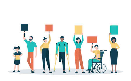 Vector of a group of diverse people holding placards, protesting, defending their rightsのイラスト素材