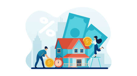 Vector of a young couple investing money in real estate. Bank loan and savings conceptのイラスト素材