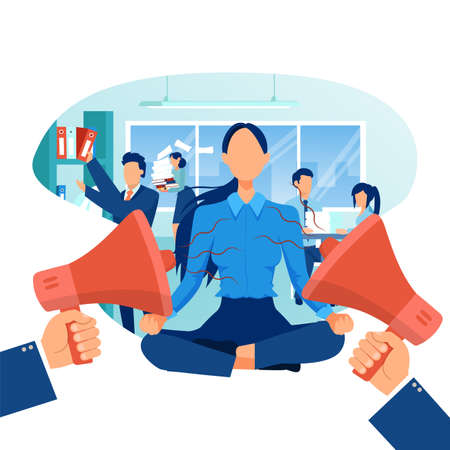 Vector of a relaxed businesswoman practicing yoga in a stressful and busy corporate officeのイラスト素材