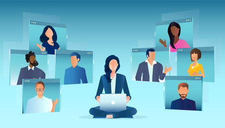 Vector of business people videoconferencing using online platformのイラスト素材