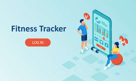 Vector of a man and a woman monitoring heart rate on smartphone fitness app checking workout dataのイラスト素材