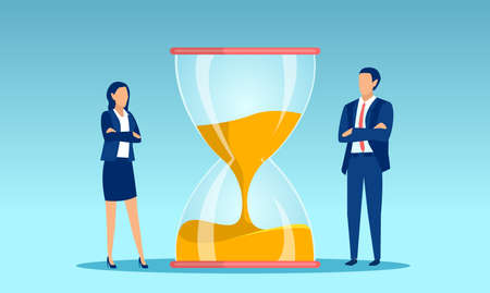 Vector of a businessman and a businesswoman standing and looking at hourglass