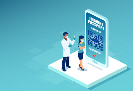 Vector of a woman getting coronavirus vaccine and mobile phone with covid-19 passportのイラスト素材