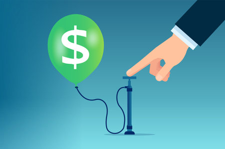 Money inflation concept. Vector of a businessman pumping air into big floating balloon with US Dollar sign.のイラスト素材