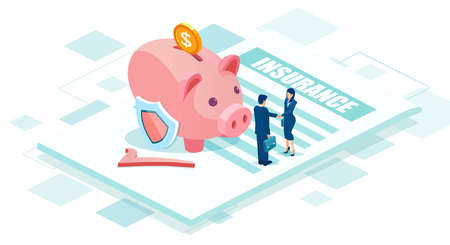 Financial savings and insurance concept. Vector of business people handshaking signing a contract agreementのイラスト素材