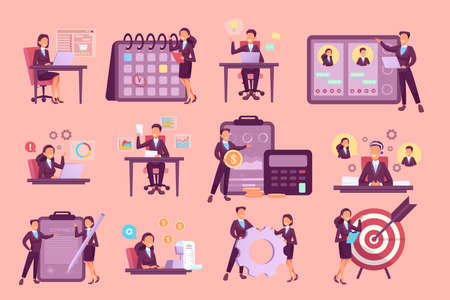Vector set of business people working in the office achieving goalsのイラスト素材
