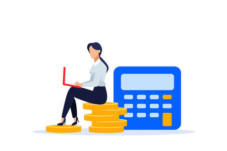 Vector of a businesswoman sitting on a pile of gold coins working on laptop computerのイラスト素材