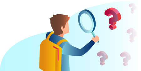 Vector of a young man a student with magnifying glass searching for answers to his questionsのイラスト素材