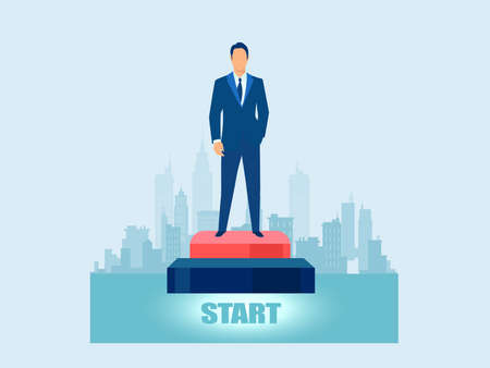 Vector of a confident business man standing on a pedestal on a city backgroundのイラスト素材