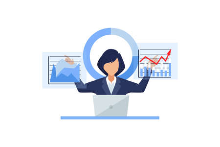 Vector of a businesswoman working on laptop computer analysing financial chartsのイラスト素材