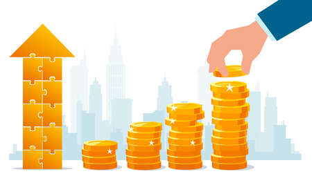 Vector of a businessman stacking up gold coins on a cityscape backgroundのイラスト素材