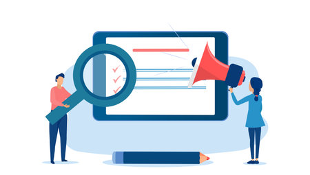 Vector of a woman with megaphone and a man with magnifying glass conducting an online researchのイラスト素材