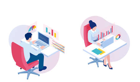 Vector of a man and a woman working on laptop computer interacting with graphs analysing financial dataのイラスト素材