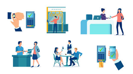 Vector set people paying for services with smartphones or smart watches. Digital wallet and modern technology conceptのイラスト素材