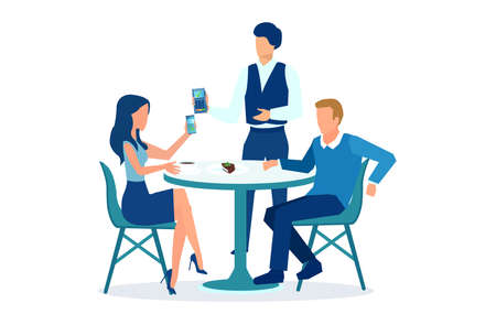 Vector of a young woman paying at cafe with smartphone app digital walletのイラスト素材