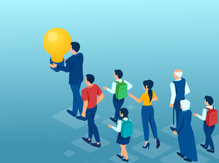 Vector of a group of people of different age follow the leader holding a light bulb.のイラスト素材