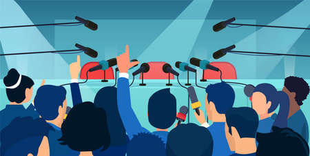 Vector of a large crowd of journalists at a press conference, table with microphones, empty chairs. News report broadcasting, journalism conceptのイラスト素材