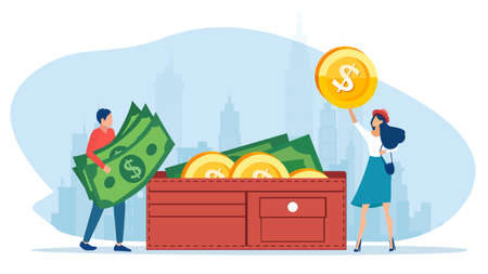 Vector of a young couple counting cash in a wallet. Family budget and finance conceptのイラスト素材