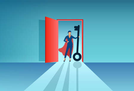 Vector of a super hero business woman opening a door with a big keyのイラスト素材