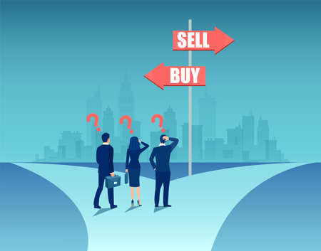 Vector of confused business people standing at crossroads with buy sell signsのイラスト素材