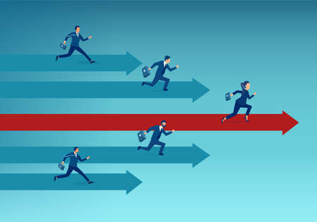 Vector of a winning business woman competing against a group of businessmanのイラスト素材