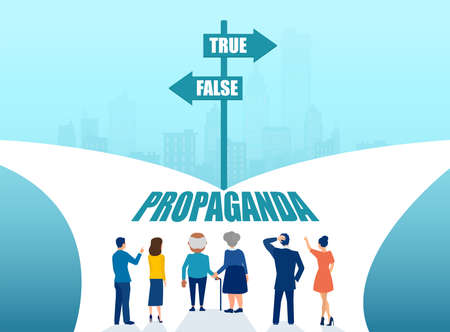 Vector of a diverse group of people standing at a crossroads of a propaganda newsのイラスト素材