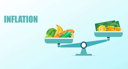 Inflation concept. Vector of food grocery goods prices vs money value on a scale