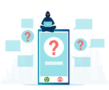 Vector of a cyber scammer with a laptop sitting on a smartphone call from unknown numberのイラスト素材