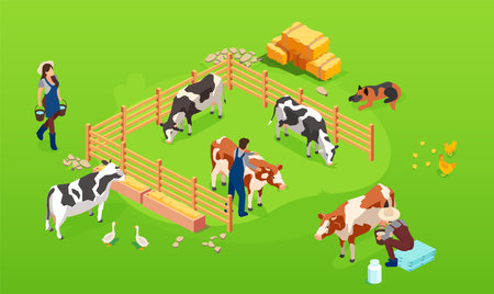 Vector of a livestock a cow farm in paddock and farmers men and woman taking care of themのイラスト素材
