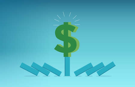 Strong dollar currency concept. Vector of a dollar withstanding domino effectのイラスト素材