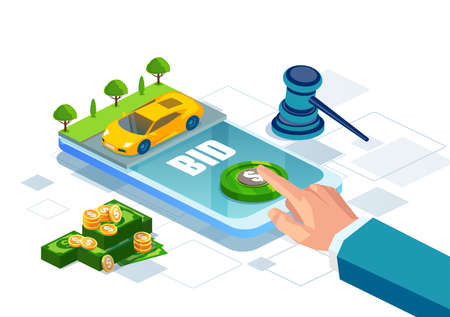 Online car auction via smartphone app with a bid button. Auction and mobile bidding conceptのイラスト素材