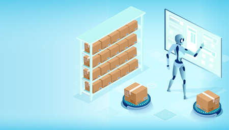 Isometric vector, automated warehouse, logistics center with AI and robot implementationのイラスト素材