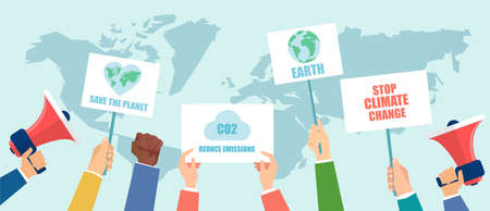 Vector of a crowd of people protesting against climate change, hands holding posters with climate change and global warming quotes.のイラスト素材