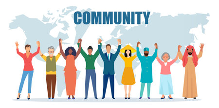 Vector of happy diverse multiethnic people standing together holding hands. Multicultural community conceptのイラスト素材