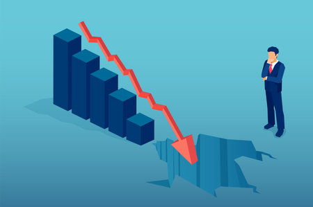 Bankruptcy, recession and financial crisis concept. Vector of a thoughtful businessman looking at a falling down arrow financial graphのイラスト素材
