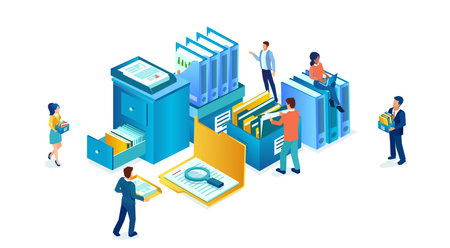 Isometric vector of office employees managing paper documents, file folders, and data storageのイラスト素材