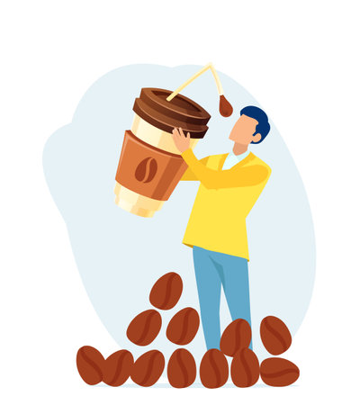 Vector of a man drinking coffee from a big cup with a strawのイラスト素材