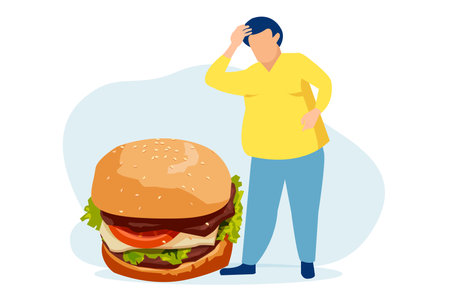 Vector of an overweight man craving a fatty cheeseburgerのイラスト素材