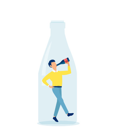 Vector of an alcoholic person young man drinking wine inside a bottleのイラスト素材