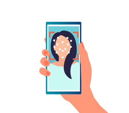 Face ID recognition system concept. Vector of a woman using mobile phone with face recognition to gain accessのイラスト素材