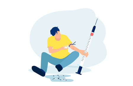 Drug addiction concept. Vector of a man with a syringe injecting drugs.のイラスト素材