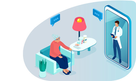 Vector of a doctor consulting a senior patient online via smartphone appのイラスト素材