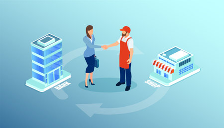 Small business loan concept. Vector of a shop owner being approved by the bank for financial support, credit line increaseのイラスト素材