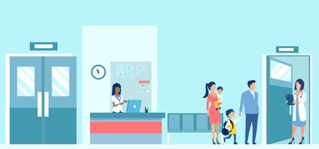 Vector of a young family with two kids visiting a hospital for consultationのイラスト素材