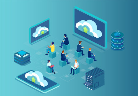 Vector of a group of people using computers and cloud servicesのイラスト素材