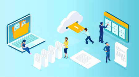 Vector of office people managing data files using cloud servicesのイラスト素材