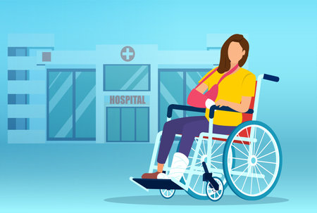 Vector of a sad young woman with leg and arm fracture sitting in a wheelchair on a hospital backgroundのイラスト素材