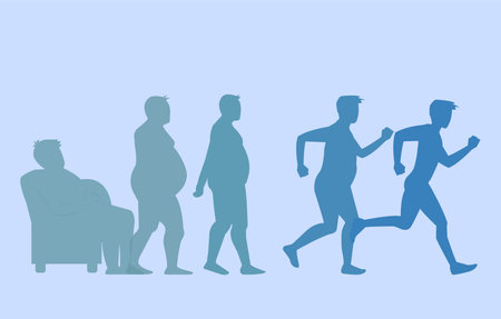 Vector of a fat man standing up from an armchair strating to run to lose weight. Exercise and body transformation conceptのイラスト素材